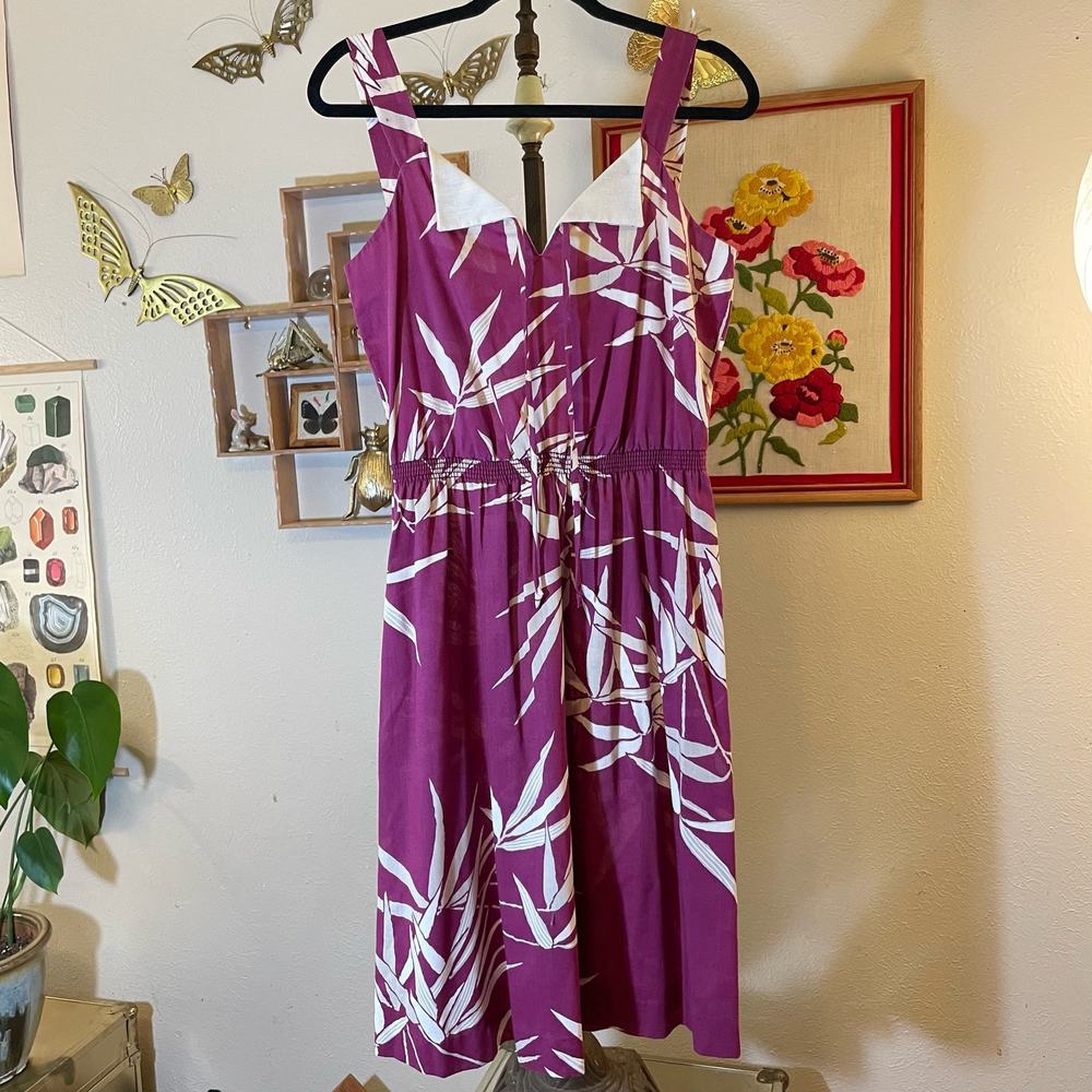 Vintage 70s Bamboo Tropical Print Plum Sundress